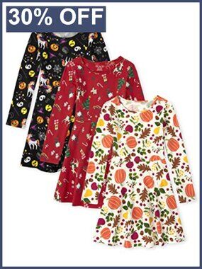 Girls 3-Pack Cotton Jersey Skater Dress Long Sleeve Pullover